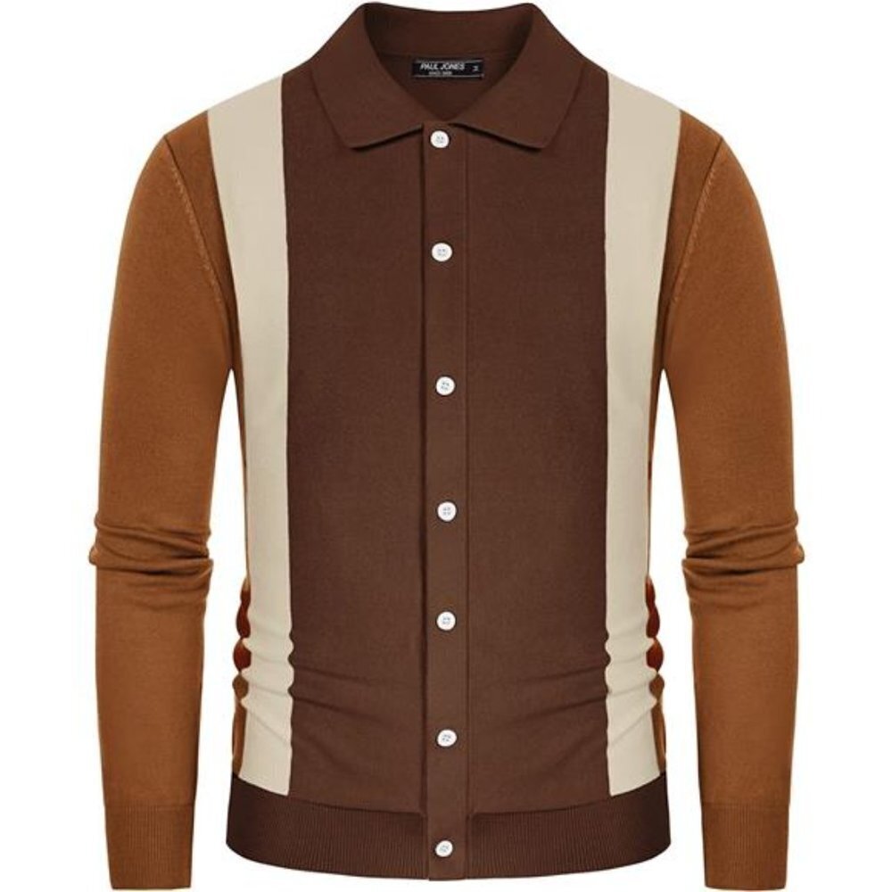 Men's Contrast Stripes Cardigan Sweater Button Down Knit Polo Shirts